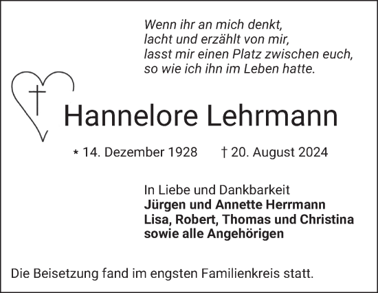 Traueranzeige von Hannelore Lehrmann von Mannheimer Morgen