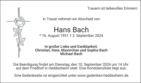 Traueranzeige von Hans Bach von Mannheimer Morgen