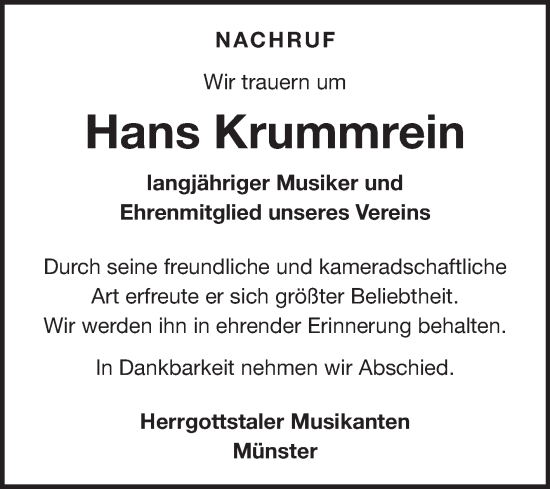 Traueranzeige von Hans Krummrein von Fränkische Nachrichten