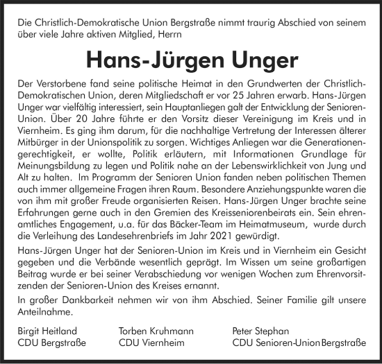 Traueranzeige von Hans Jürgen Unger von Mannheimer Morgen