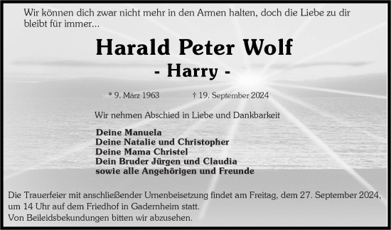 Traueranzeige von Harald Peter Wolf von Bergsträßer Anzeiger