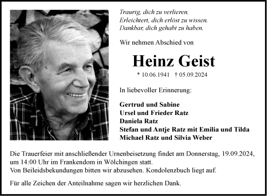 Traueranzeige von Heinz Geist von Fränkische Nachrichten