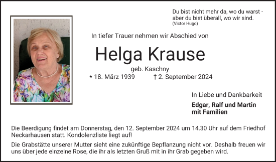 Traueranzeige von Helga Krause von Mannheimer Morgen