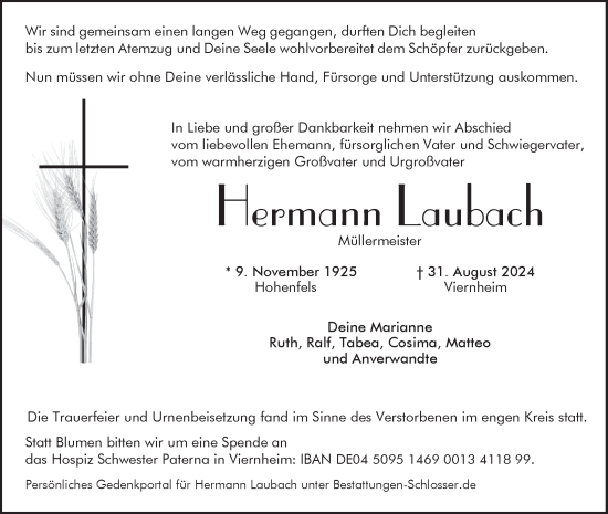 Traueranzeige von Hermann Laubach von Mannheimer Morgen