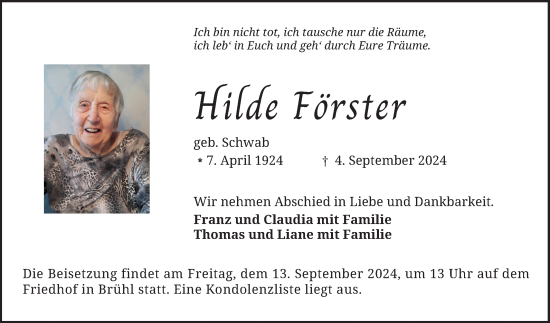 Traueranzeige von Hilde Förster von Schwetzinger Zeitung