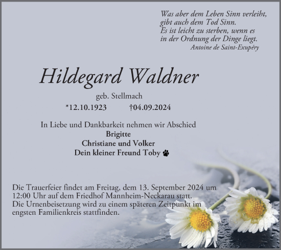 Traueranzeige von Hildegard Waldner von Mannheimer Morgen