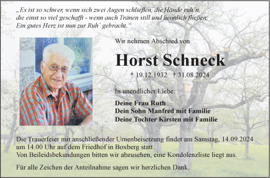 Traueranzeige von Horst Schneck von Fränkische Nachrichten