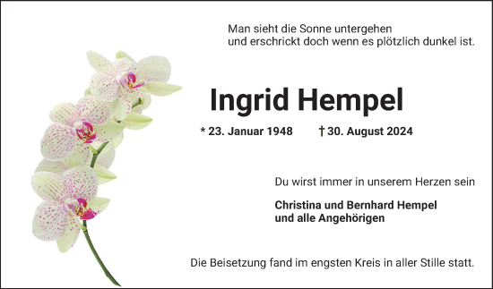 Traueranzeige von Ingrid Hempel von Bergsträßer Anzeiger