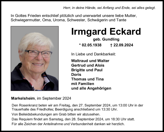 Traueranzeige von Irmgard Eckard von Fränkische Nachrichten