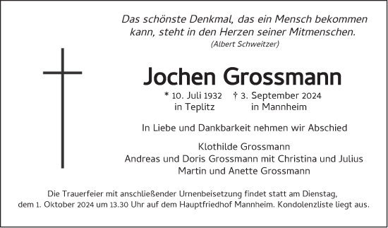 Traueranzeige von Jochen Grossmann von Mannheimer Morgen