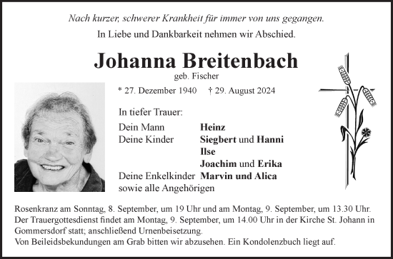 Traueranzeige von Johanna Breitenbach von Fränkische Nachrichten