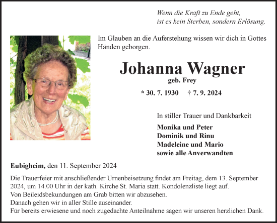 Traueranzeige von Johanna Wagner von Fränkische Nachrichten