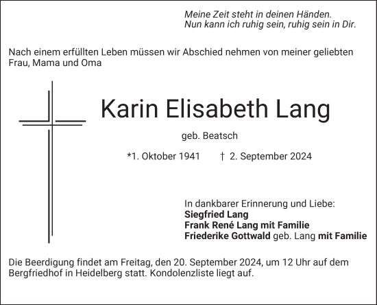 Traueranzeige von Karin Elisabeth Lang von Mannheimer Morgen