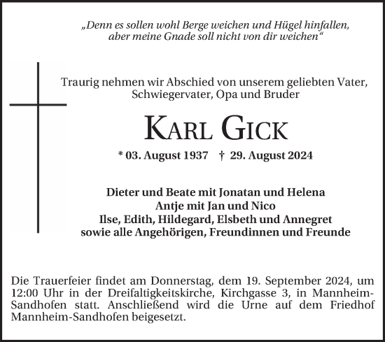 Traueranzeige von Karl Gick von Mannheimer Morgen