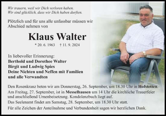 Traueranzeige von Klaus Walter von Fränkische Nachrichten