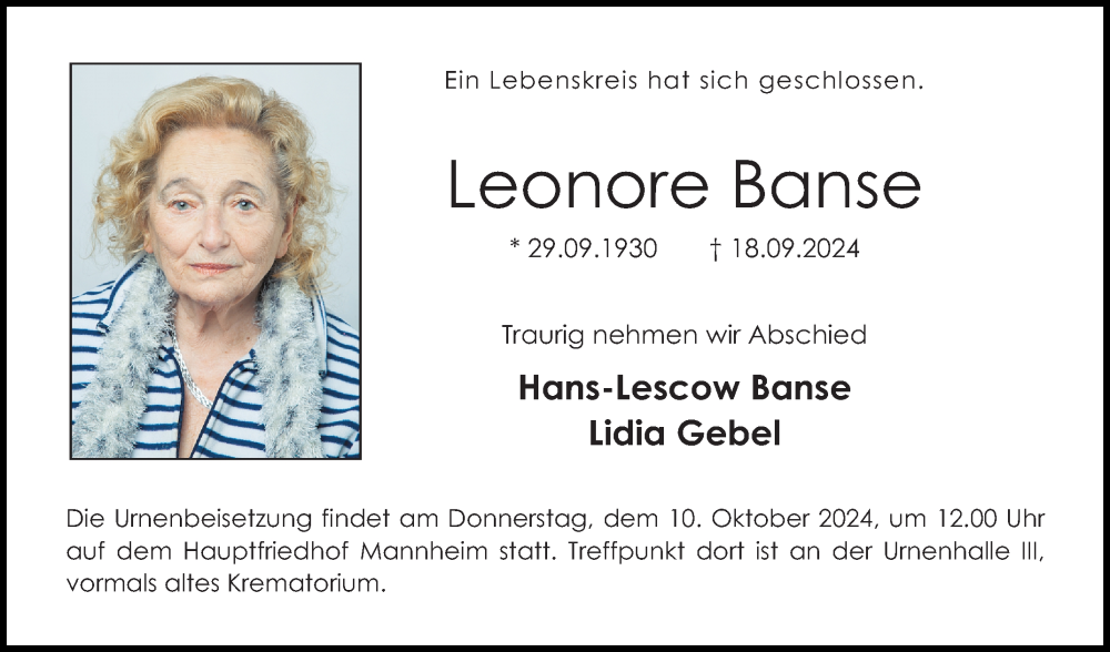  Traueranzeige für Leonore Banse vom 28.09.2024 aus Mannheimer Morgen