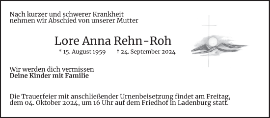 Traueranzeige von Lore Anna Rehn-Roh von Mannheimer Morgen