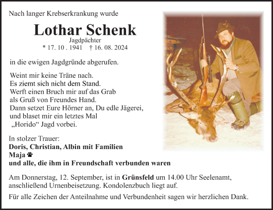 Traueranzeige von Lothar Schenk von Fränkische Nachrichten