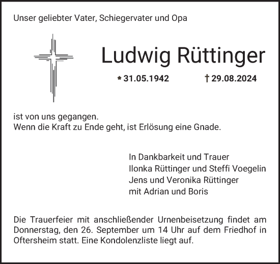 Traueranzeige von Ludwig Rüttinger von Schwetzinger Zeitung