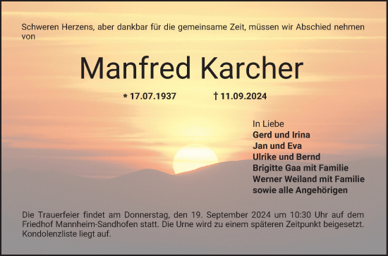 Traueranzeige von Manfred Karcher von Mannheimer Morgen