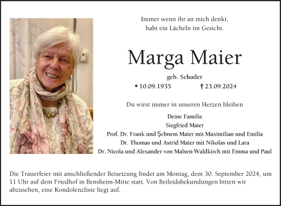 Traueranzeige von Marga Maier von Bergsträßer Anzeiger