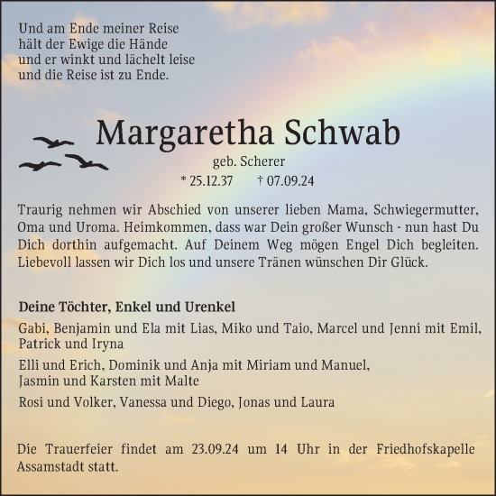 Traueranzeige von Margaretha Schwab von Fränkische Nachrichten