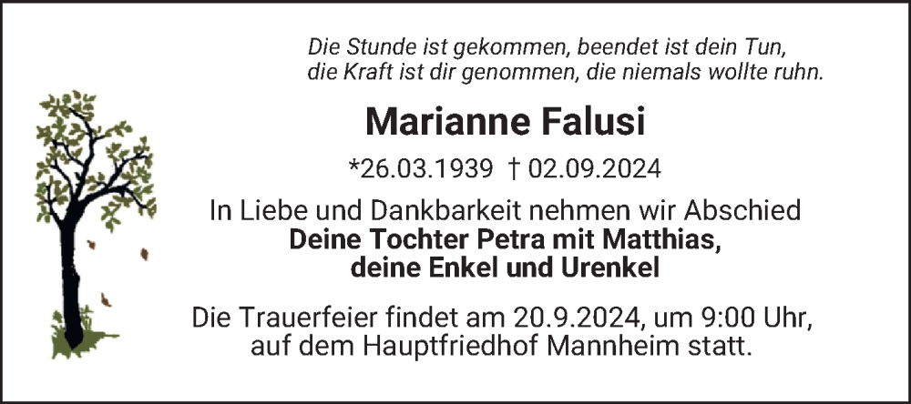  Traueranzeige für Marianne Falusi vom 14.09.2024 aus Mannheimer Morgen