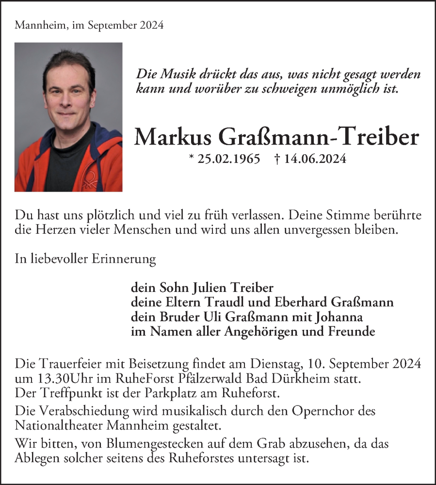  Traueranzeige für Markus Graßmann-Treiber vom 06.09.2024 aus Mannheimer Morgen