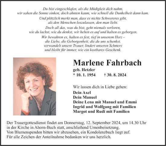 Traueranzeige von Marlene Fahrbach von Fränkische Nachrichten