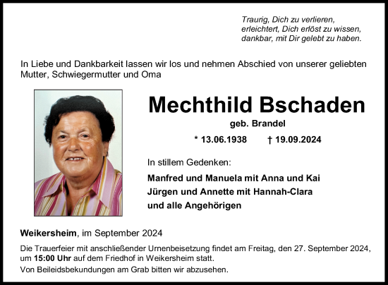 Traueranzeige von Mechthild Bschaden von Fränkische Nachrichten