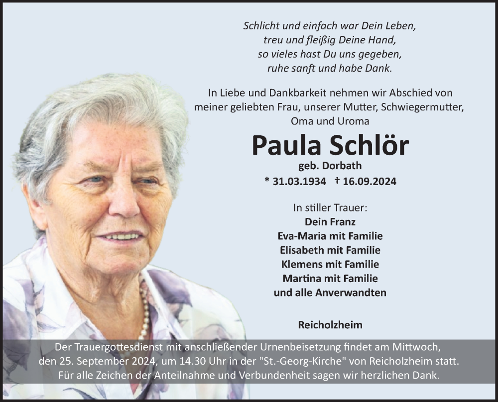  Traueranzeige für Paula Schlör vom 21.09.2024 aus Fränkische Nachrichten