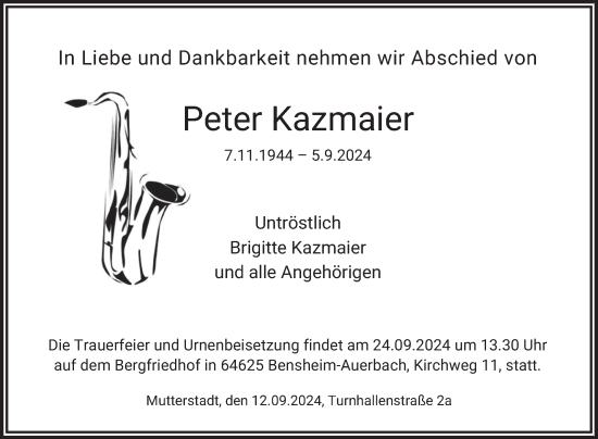 Traueranzeige von Peter Kazmaier von Mannheimer Morgen