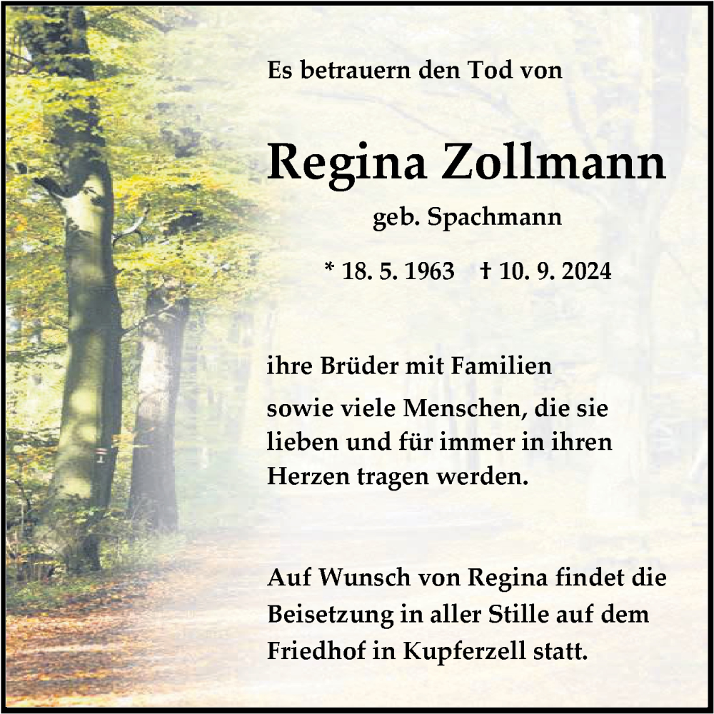  Traueranzeige für Regina Zollmann vom 20.09.2024 aus Fränkische Nachrichten