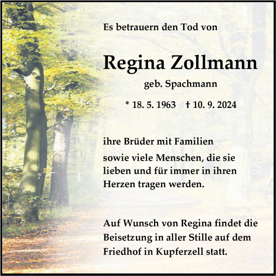 Traueranzeige von Regina Zollmann von Fränkische Nachrichten