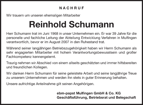 Traueranzeige von Reinhold Schumann von Fränkische Nachrichten