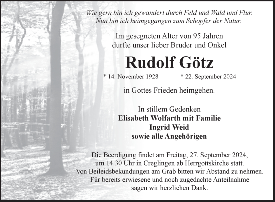 Traueranzeige von Rudolf Götz von Fränkische Nachrichten