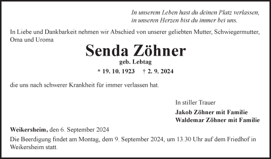 Traueranzeige von Senda Zöhner von Fränkische Nachrichten