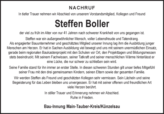 Traueranzeige von Steffen Boller von Fränkische Nachrichten