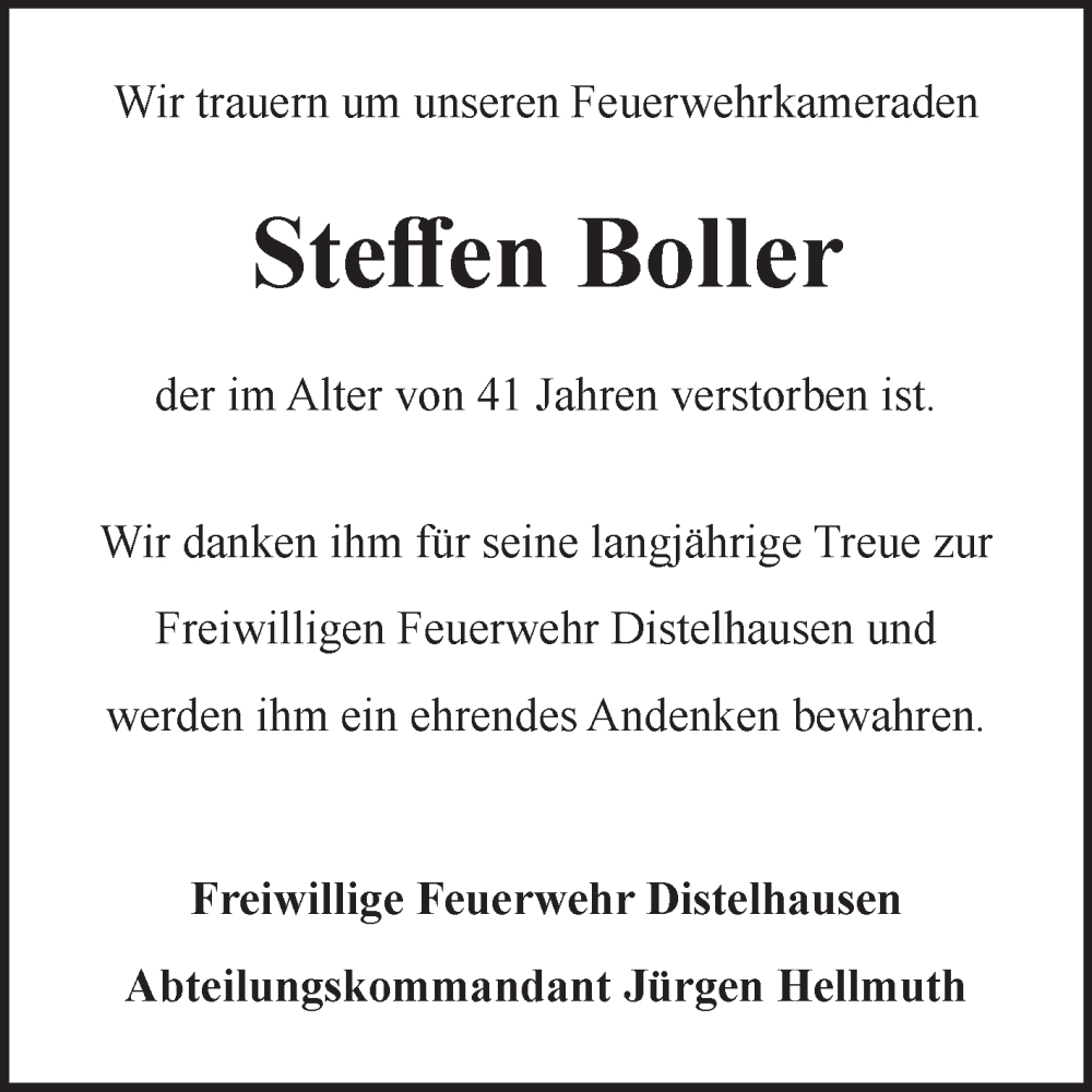  Traueranzeige für Steffen Boller vom 11.09.2024 aus Fränkische Nachrichten