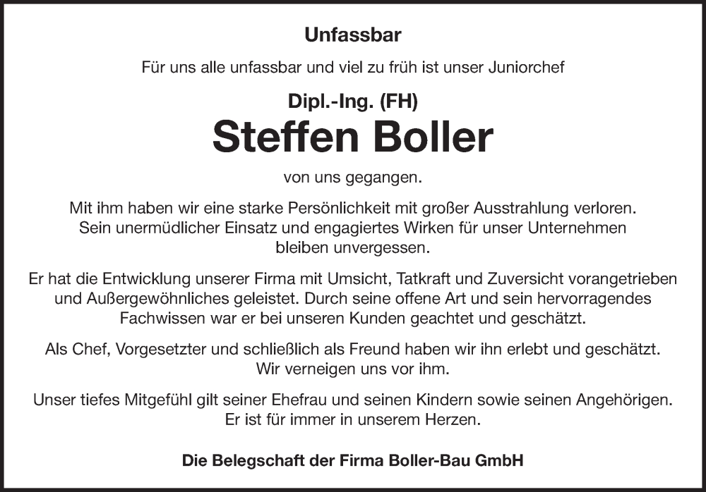  Traueranzeige für Steffen Boller vom 10.09.2024 aus Fränkische Nachrichten