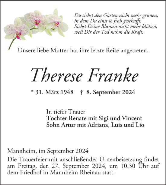 Traueranzeige von Therese Franke von Mannheimer Morgen