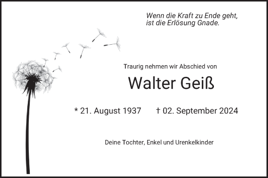 Traueranzeige von Walter Geiß von Bergsträßer Anzeiger