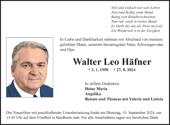 Traueranzeige von Walter Häfner von Fränkische Nachrichten