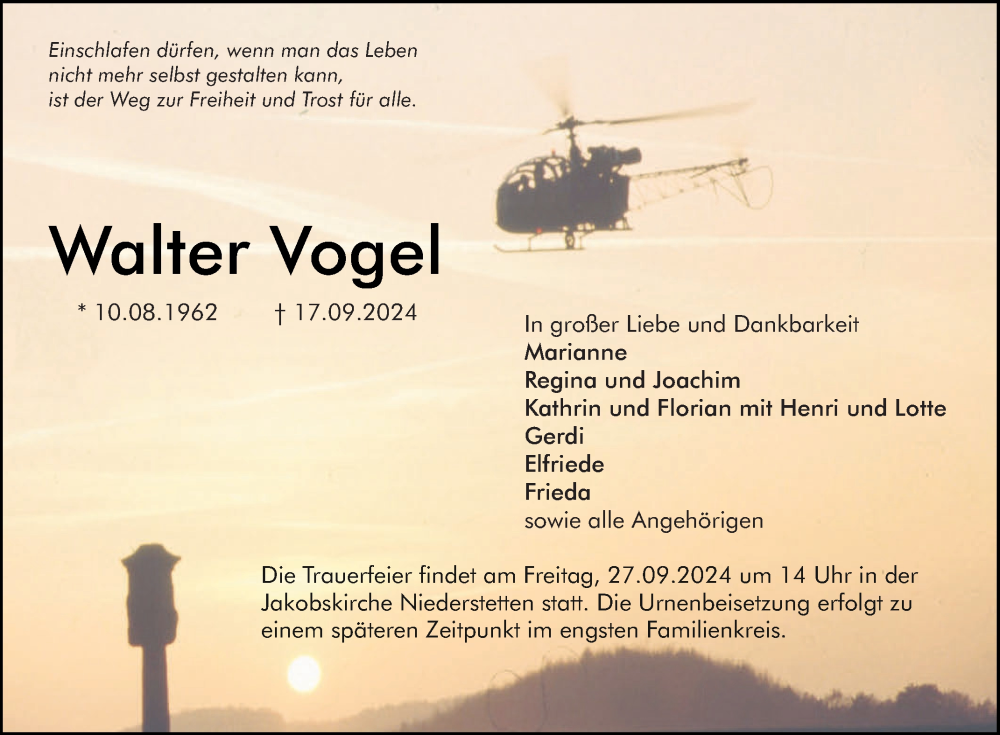  Traueranzeige für Walter Vogel vom 24.09.2024 aus Fränkische Nachrichten