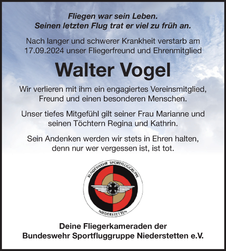  Traueranzeige für Walter Vogel vom 25.09.2024 aus Fränkische Nachrichten