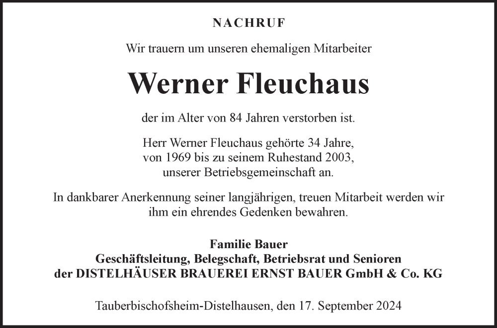  Traueranzeige für Werner Fleuchaus vom 17.09.2024 aus Fränkische Nachrichten