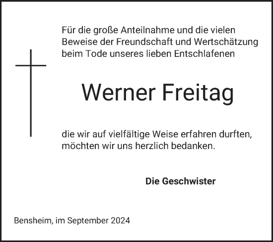 Traueranzeige von Werner Freitag von Bergsträßer Anzeiger