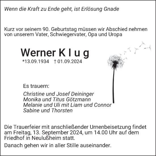 Traueranzeige von Werner Klug von Schwetzinger Zeitung