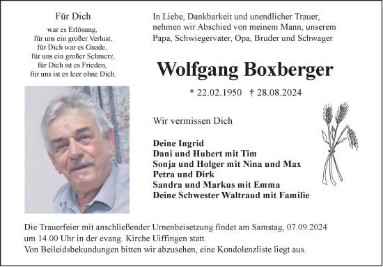 Traueranzeige von Wolfgang Boxberger von Fränkische Nachrichten