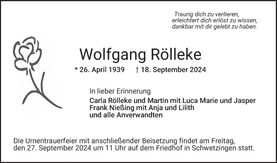 Traueranzeige von Wolfgang Rölleke von Schwetzinger Zeitung